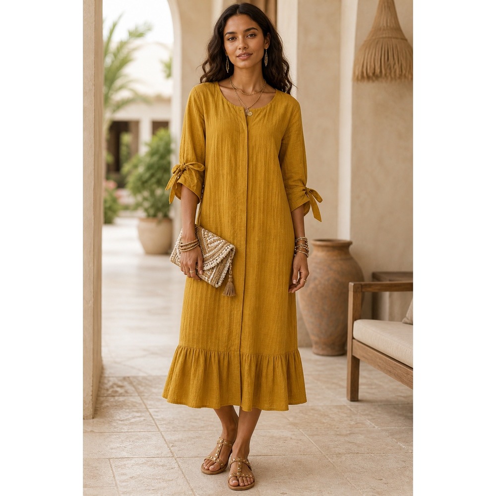 MIRTH Vienna Dress Women Small Mustard Yellow Cotton Slub Midi Ruffle Tie Sleeve